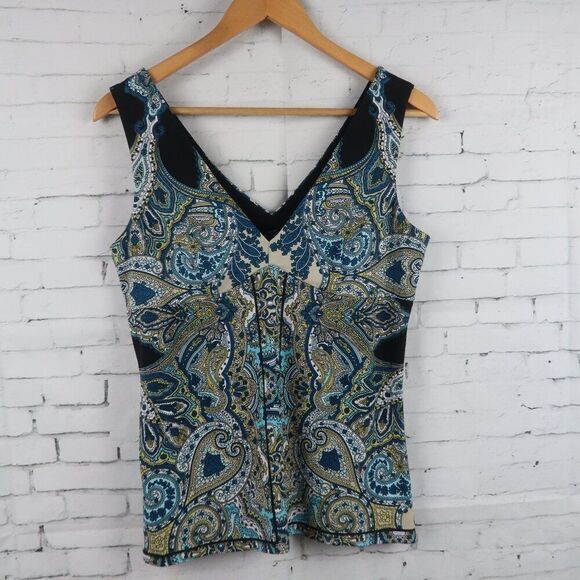 INC INTERNATIONAL CONCEPTS TEAL BLUE PAISLEY V NECK SLEEVELESS TOP SIZE MEDIUM - Picture 1 of 4